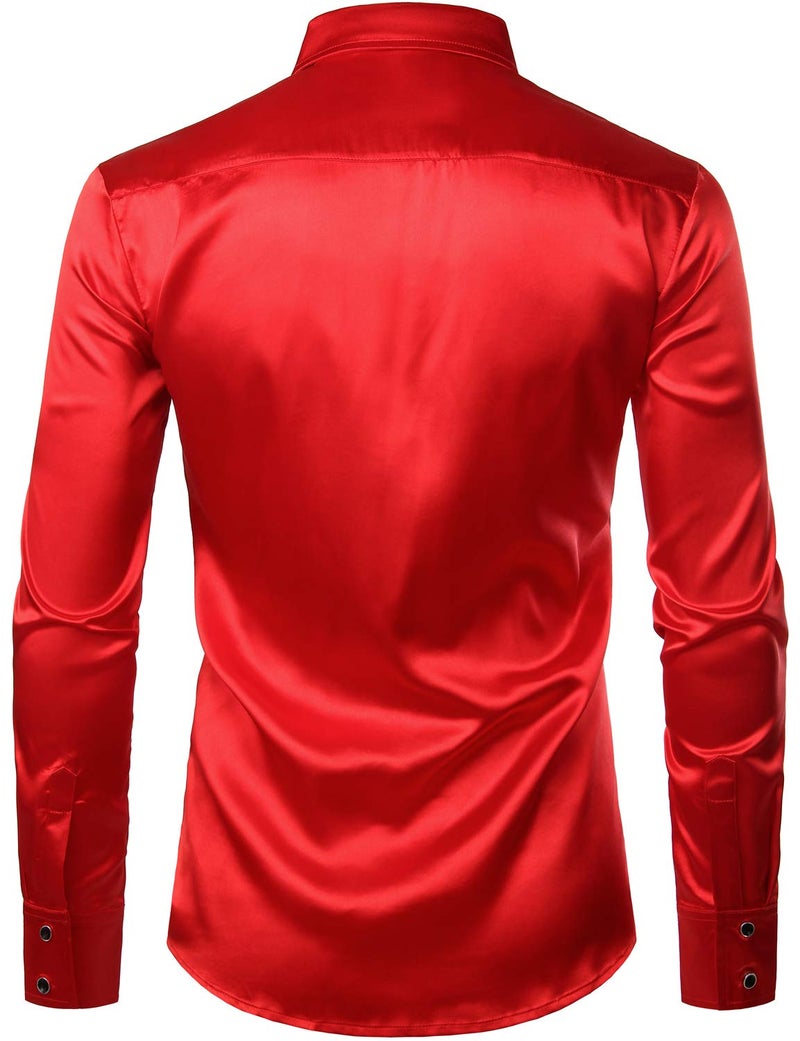 ZEROYAA Men's Shiny Sequins Design Silk Like Satin Button Up Disco Party Dress Shirts with Bow Tie ZLCL22-Red Black Medium - Image 2